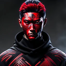 Futuristic male Japanese assassin, red facepaint, black sweatshirt