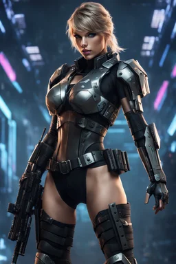 Full body image of a army cyberpunk cyborg beautiful Taylor Swift,good body,lighting background