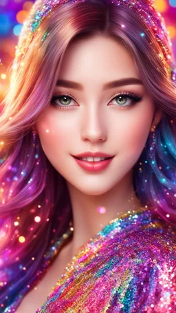 Beautiful anime girl with a dress fully covered with many colorful sequins, front view, beautiful anime portrait, realistic anime face, long shiny hair, glowing eyes, beautiful face, rosy cheeks, red lips, smile, colorful bokeh background, gorgeous, detailed, correct face structure, correct anatomy