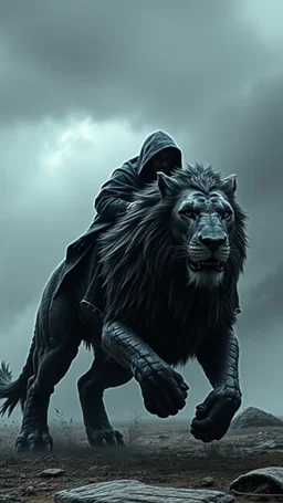 A black hooded creature , riding a running fast lion, a hyper details texturing of fullbody the skin realistic textures skin of lion .complex details, extremely, ultra rendering, it is standing admist darkness realms floors with stormy cloudy weather,