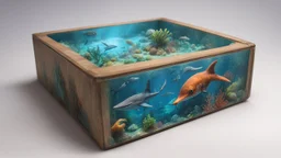 a box 10 cm long by 5 cm wide and 25 cm high, with drawings of animals, sea fauna tress from Subnautica