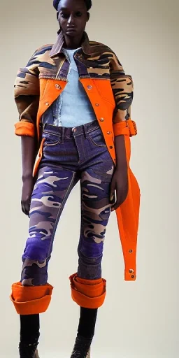 Model, woman. sérigraphie on denim with orange,terracotta, cream and purple colors. Camouflage patterns are screen printed on denim. Brunette woman in her 30's. thick thighs, thick calves, flat belly, wide hip. Mantle is sewed of recycled Denim and sewed together of camouflage pieces. It is with big bright purple felt tippet and cream-colored-hood. mantle is merged with satchel. Style: Haute Couture in 1920's and 1990's in New York. Paris in 2023