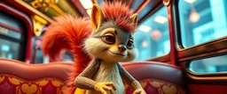 close up portrait of hairy fluffy polymer clay cute female happy worried banana squirrel monster with realistic human colored and textured skin, and long sleek limbs and with studio lights, on a luxury ornate neon buss, talking to his aunt