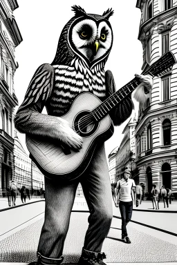 One single mature owl, playing guitar in the street , Vienna, smiling, sunny day, model style, hyper realistic, extremely accurate, delicate, extremely detailed, Graphic novel style, wide-angle, open aperture, superfine pencil