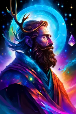 prismatic hair ethereal transparent prism astral projection Male antlers druid beard sparkling radiance prismatic shining starlight enshrouded dusk pink purple red orange dusk sunset aurora