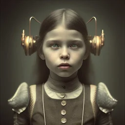 a little girl looking like a pirate, steam punk, scary, horror, realistic, made in octane, cinematic, ultra-realistic, extremely detailed octane rendering, 8K, VRAY Super Real ar 2:3, dof photorealistic futuristic 50mm lens hard lighting dark gray tintype photograph, realistic lighting, sephia colors