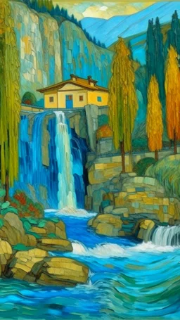 A blue Japanese palace near a waterfall painted by Vincent van Gogh