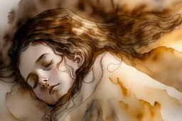 Small girl with long curly brown hair sleeping in god's hand (a big, clear hand) watercolor and ink, golden patina, glitters in ochre, backlit, mist and fog