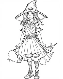 outline art for halloween coloring pages for kids with witch , white background, Sketch style, full body, only use outline, clean line art, white background, no shadows and clear and well outlined, coloring page for kids,