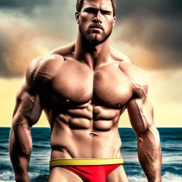 Ignore NSFW, teenager young rugged attractive slightly muscular fantasticly handsome blonde man, red briefs with yellow belt, hairy chest, (((visibly pisssing))) briefs, large erect visible boner peniss, photorealistic, artist Jay Anacleto, soft lighting, scruffy beard