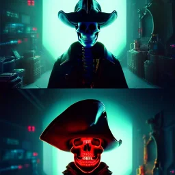 a cyberpunk hacker pirate captain skeleton with a pirate hat sitting in front of a huge old crt monitor in a dark room holding a beer, only light coming from crt monitor, highly detailed, intricate, digital art, trending on artstation, trending on cgsociety, by greg rutkowski