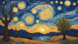 In the style of van gogh starry night,Νύχτα,χιονισμενο Δασος από ελατα στην ακρη μιας λιμνης, dramatic scene, festive, fireflies..Picture with references on Gustav Klimt