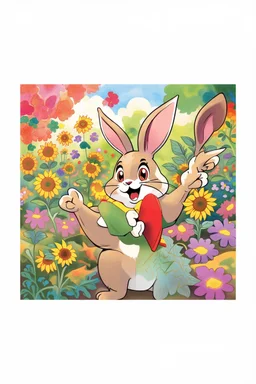 The cute bunny excitedly points at a bright yellow sunflower in the colorful garden, child book illustration style, faces must be the same as reference image