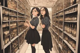 full-height shot of a young witch in a tight black short skirt, inside a large magic shop, shelving, bottles, windows