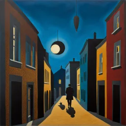 street made of felt, volumetric light, noon-light, nightmare, people, René Magritte