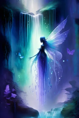 A magical faerie stands in front of a glowing waterfall, surrounded by iridescent mist and sparkling fairy dust. The mist has been enhanced with a variety of color combinations, shifting between ethereal blues, mystical purples, and enchanting greens, to create an otherworldly and captivating atmosphere. The artwork exudes a sense of magic and fantasy, inviting viewers into a magical realm. Realistic