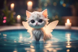 cute chibi cat fairy in a pool in spa in candlelight, ethereal, cinematic postprocessing, dof, bokeh