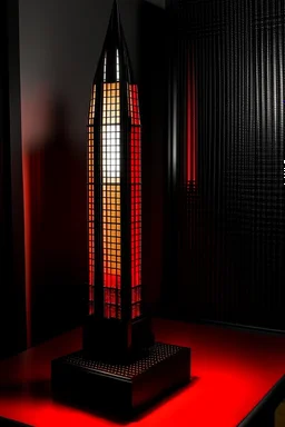 gaming table lamp inspired by shanghai tower buliding architecture futuristic-modern stlye. geometric form, red and black color scheme