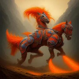 angry horse in orange and blue battle armor, a highly detailed illustration, background of Inka jungle, realistic render, 8 k, micro detail, intricate, elegant, centered, digital painting, Artstation, smooth, sharp focus, illustration, artgerm, tomasz alen kopera, peter mohrbacher, donato giancola, joseph christian leyendecker, wlop, boris vallejo