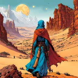 create an portrait of a nomadic shepherdess inhabiting an ethereal desert canyon land in the comic book style of Jean Giraud Moebius, David Hoskins, and Enki Bilal, precisely drawn, boldly inked, with vibrant colors