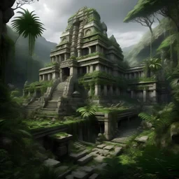 Palais en pierre dans la jungle, liane, hyper réaliste, monde fantastique, occlusion ambiante