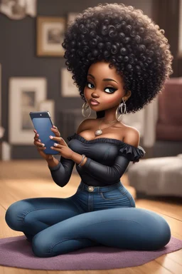 Create a furturism magna art of a black chibi curvy female sitting on the floor looking at her cell phone. She is wearing tight blue jeans and a black off the shoulder blouse. Prominent make up with lush lashes. Highly detailed tight curly afro. She is also wearing silver large hoop earringsart of a black chibi curvy female sitting on the floor looking at her cell phone. She is wearing tight blue jeans and a black off the shoulder blouse. Prominent make up with lush lashes.