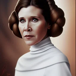  half-length portrait, three-quarter zoom out face pose of carrie fisher as Princess Leia with photo realistic fine and very simple short hair, entrancing deep brown eyes, eos5d mark 4, ef 85mm 5.6, professional majestic photo realistic painting by Ed Blinkey, Atey Ghailan, by Jeremy Mann, Greg Manchess, Antonio Moro, trending on ArtStation, Intricate, High Detail, Sharp focus, dramatic, by greg rutkowski, realism, beautiful and detailed lighting,