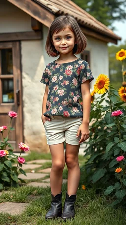 Photorealistic portrait of a strikingly beautiful lady who is actually a 5-year-old girl, standing in the countryside. She has a perfectly realistic, delicate face with light, natural makeup, sparkling eyes, and a neat bob haircut. She is dressed in a stylish, pretty floral top, fashionable short tight shorts, and elegant, nice leather ankle boots. She is standing gracefully next to a charming rustic country house, surrounded by a lush garden full of blooming flowers (like roses and sunflowers)