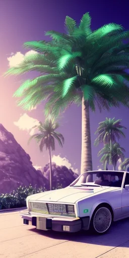 1980's aesthetic vaporwave palm trees with spheres and car