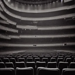 a single chair on stage under spotlight close up view facing empty audience at a dark and empty symphony hall