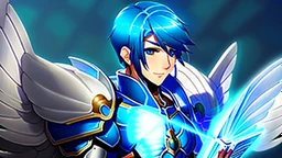 a human male with blue short hair and blue wings in assymetrical armor with geometric patterns and a book in hand