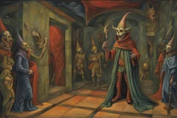 Execution of the court jester in the Halls of the weird king, dramatic surreal fantasy enigmatic biomorphic beings, tromp l'eoil, by Patrick Woodroffe, by Otto Rapp, by Guillermo del Toro, illustrative manuscript, dark loud colors, matte oil painting, sinister.