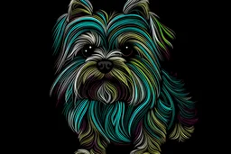 Line art, single drawn Yorkie with multicolor line, black background