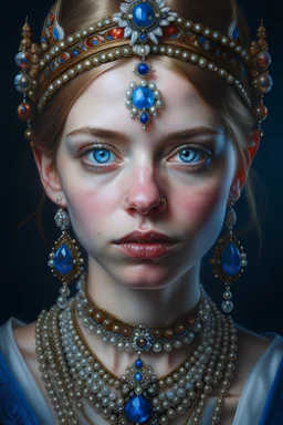 Portrait of a most beautiful young British woman, decorated with jewels, very beautiful detail hyperrealistic maximálist concept portrait art