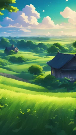 a field full of green grass with a house in the distance, anime beautiful peace scene, anime countryside landscape, anime landscape, anime scenery, anime nature, anime nature wallpap, anime landscape wallpaper, nightime village background, 2. 5 d cgi anime fantasy artwork, colorful anime movie background, beautiful fantasy anime, smooth anime cg art, beautiful anime scenery