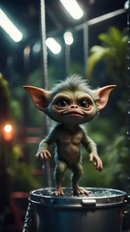 close up portrait of a gremlin with arm hair standing on a seal in a bucket ski lift in dark lit reflective wet jungle metallic hall dome hotel tunnel, in the style of a game,bokeh like f/0.8, tilt-shift lens 8k, high detail, smooth render, down-light, unreal engine, prize winning