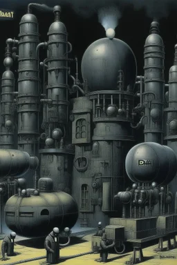 A dark gray robotic factory with bombs painted by Max Ernst