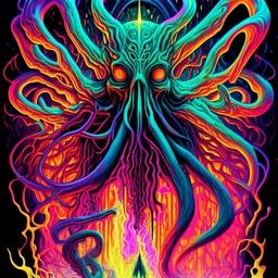 Exponential Cthulhu paradigm shift, surreal, by Victor Valla, acid wash mind-bending illustration; asymmetric, warm neon colors, shine burn, atmosphere guided by N(t)=N0​⋅e−kt