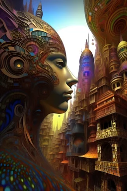 3d hd Fractal recursive Stylized colorful sureal gothic cityscape with a woman's face.