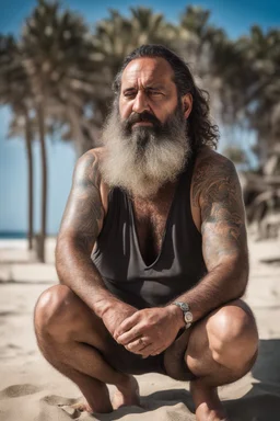 photography of a tired chubby hairy burly 46 years old ugly arab carpenter, big nose, tattoo, long beard, shaved hair, manly chest, angry eyes, open legs , on the beach in the sun, big shoulders, big tights, side light, ground view angle,bartoslora1 man