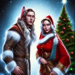 two elves. woman and man. Christmas scene. poster. marvel comic. low-key