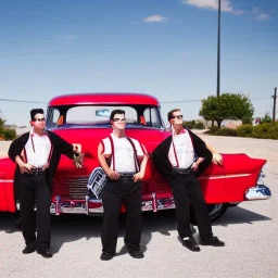 a 50s Greaser BAND standing in front of a hot rod