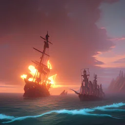 two pirate ships fighting each other at sea. They fire cannons at each other and one ship is hit and burns.