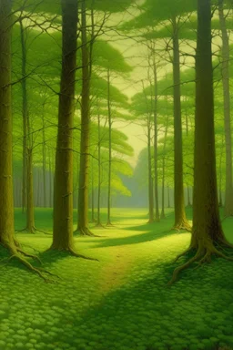 A green forest with giant trees painted by Birge Harrison