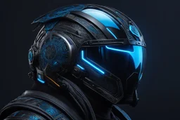 Someone wears a black glass Cyberpunk helmet , full helmet cover , Changshan, black and blue color, cyberpunk drawing style, neon, intricate details, highly detailed, high details, detailed portrait, masterpiece,ultra detailed, ultra quality