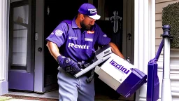 fedex driver at front door with a chainsaw