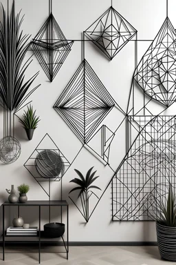 Create a realistic image of metal wire wall art with geometric figures, shapes and designs in a frame of same thickness of metal wire. Keep it simple with large spaces in between and use geometric composition