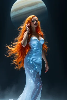 VERY BEAUTIFUL WOMAN FROM THE PLANET SATURN, crystalline mini dress, LONG ORANGE HAIR WITH A WHITE AURA ON HER BODY