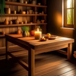 Generate an image of a table with wooden shelves and a warm, inviting atmosphere. The table should be well-lit with soft, natural lighting The background should be slightly blurred.