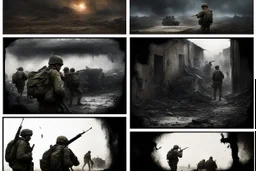 Masterpiece1:5)(Fineart), (award-winning:1.5), highest quality, (ultra realism:1.5) war journalism(,(by Tim Page and Hoorst Faas:1.5)),(Eastern Ukraine:(panel one:the moment after a battle ends, horrors of war, wounded men),(2nd panel, cinematic shot of men sitting in trench with 1000 yard stare (focus on their eyes:1.5)),(the third panel shows troops tired but hyper alert), (the fourth panel shows the sky is filled with incessant, fire and smoke everywhere,)